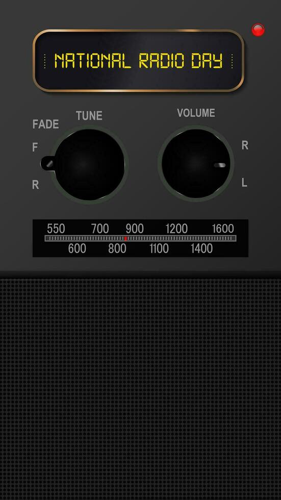 National Radio Day Greeting vertical poster in 16 9 ratio. Front view of modern radio with digital typography of Radio day on digital display. Editable Vector Artwork. EPS 10