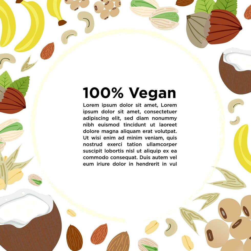 Vegan and dairy-free background concept with copy space. surrounded by cute cartoon vegan food elements, cashew, coconut, almond, hazelnut, banana, oats. Editable Vector Illustration. EPS 10.