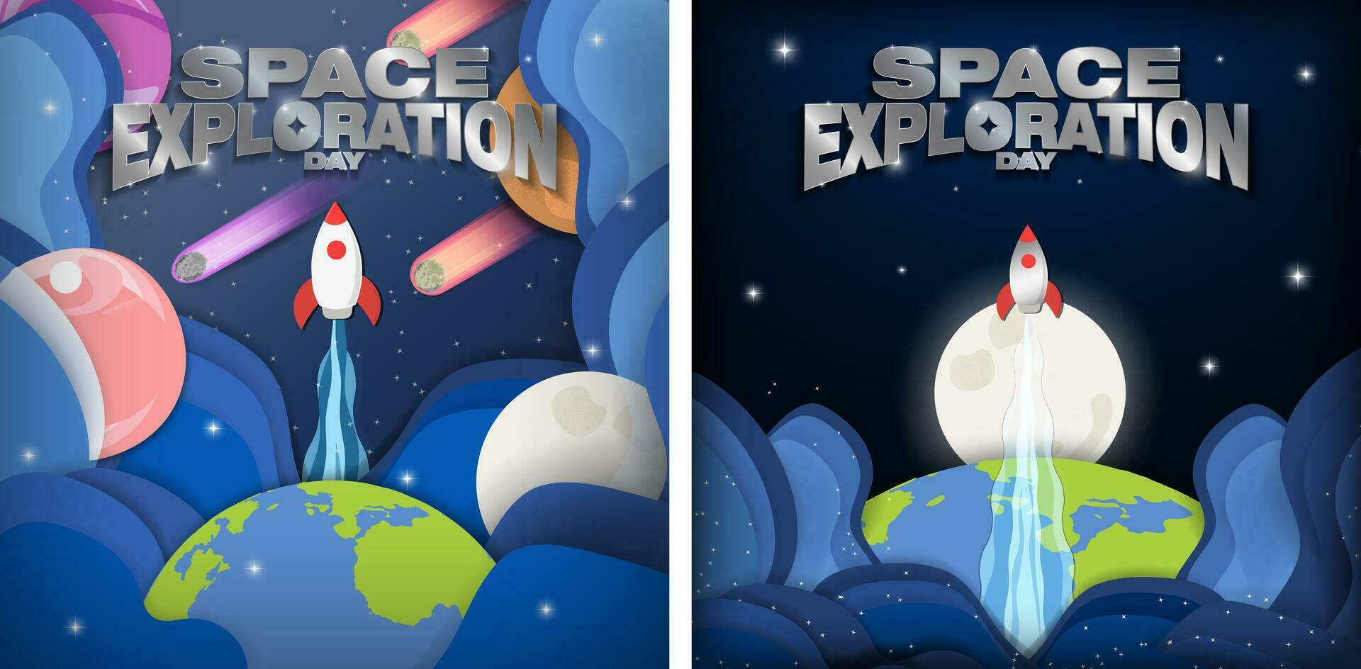 Set of Space Exploration Day Colorful Paper Craft Art Posters. Bright and Vivid textured. Outer space with space ship from Earth, Sun, moon, asteroids. Celebrated July 20. Vector Illustration. EPS 10