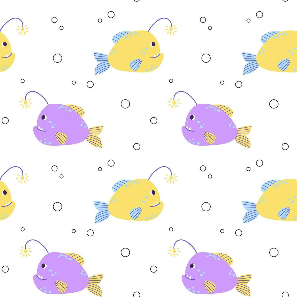 Colorful seamless pattern with ocean yellow purple anglerfish and bubbles in flat hand drawn style. For design, textile, background vector