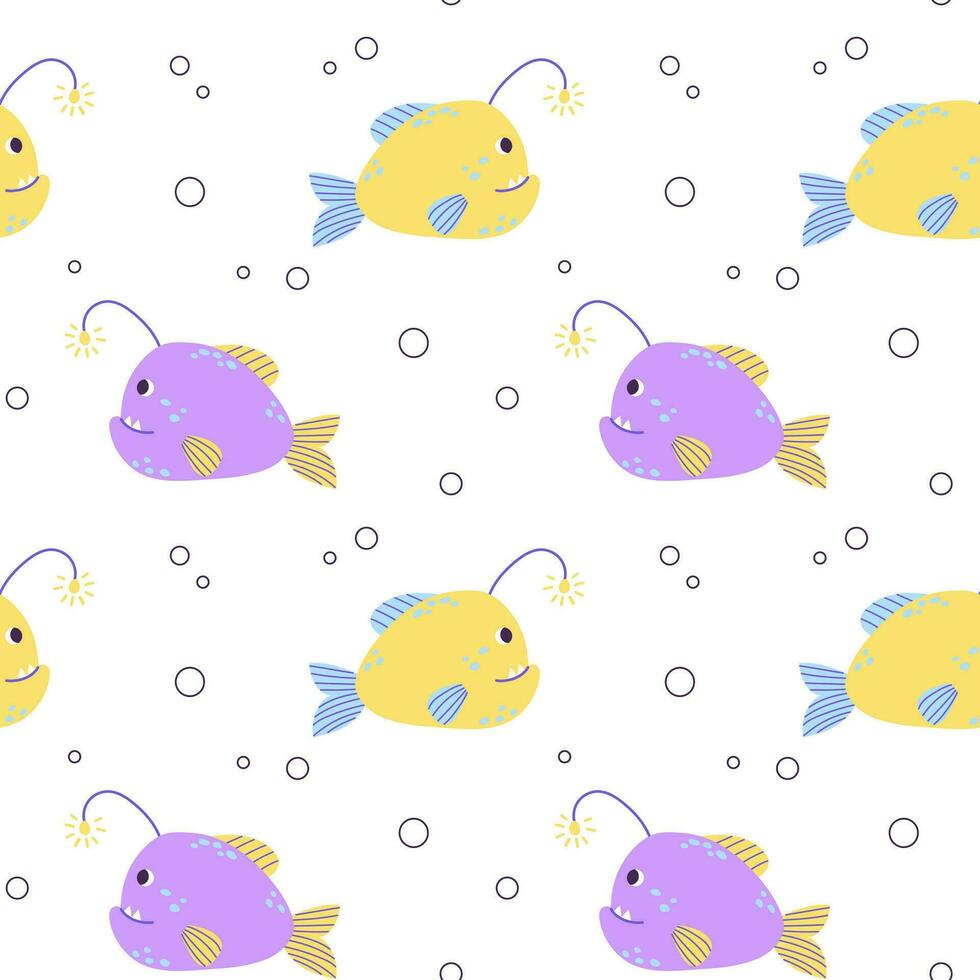 Colorful seamless pattern with ocean yellow purple anglerfish and bubbles in flat hand drawn style. For design, textile, background vector