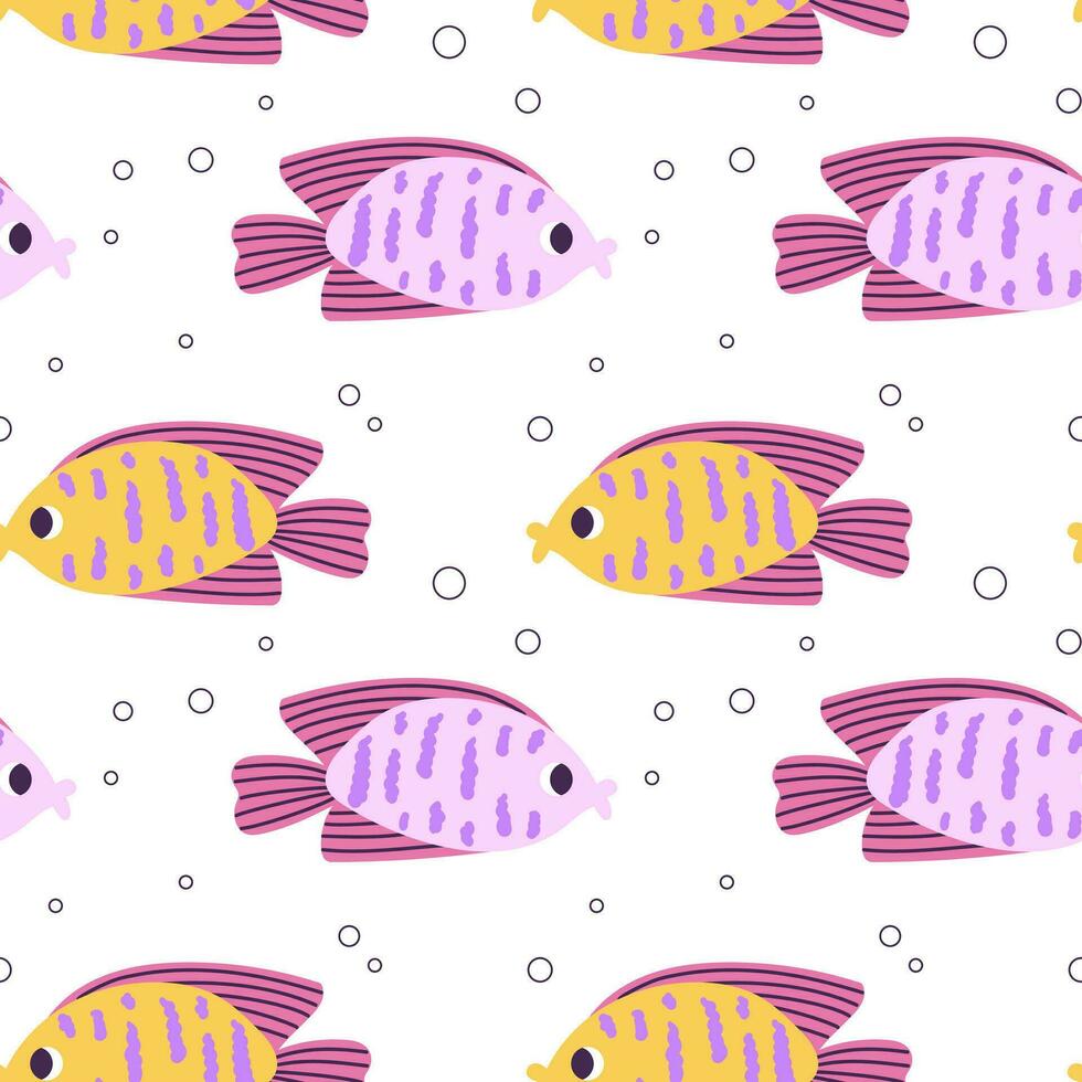 Colorful seamless pattern with ocean yellow pink fish and bubbles in flat hand drawn style. For design, textile, background vector