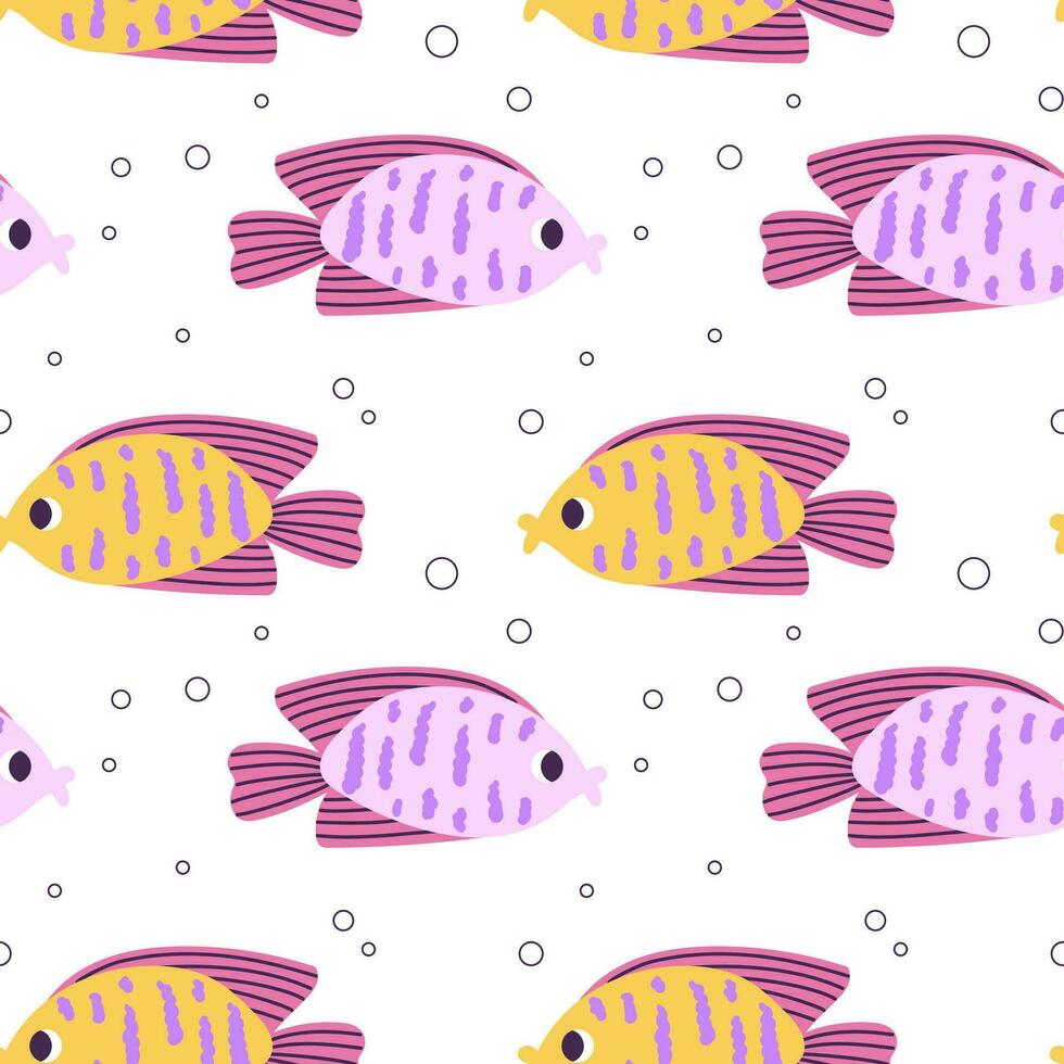 Colorful seamless pattern with ocean yellow pink fish and bubbles in flat hand drawn style. For design, textile, background vector