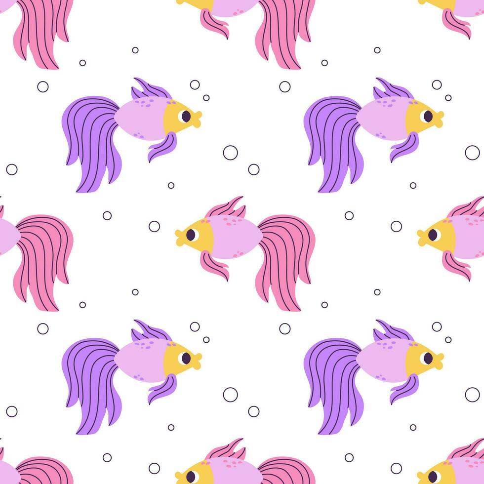 Colorful seamless pattern with purple pink goldfish and bubbles in flat hand drawn style. For design, textile, background vector