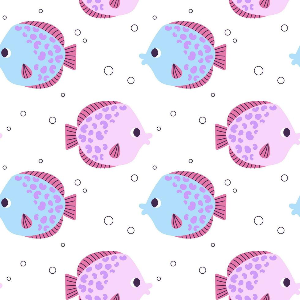 Colorful seamless pattern with circle ocean fish and bubbles in flat hand drawn style. For design, textile, background vector