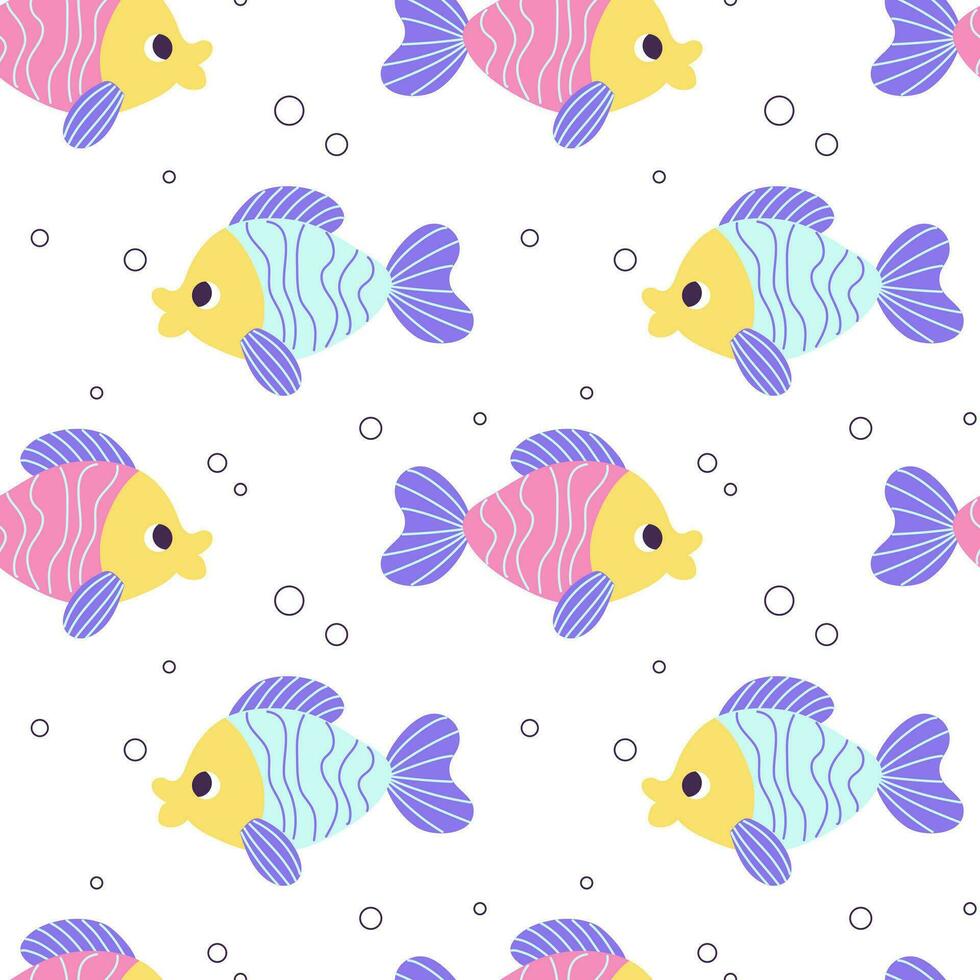 Colorful seamless pattern with blue pink fish and bubbles in flat hand drawn style. For design, textile, background vector