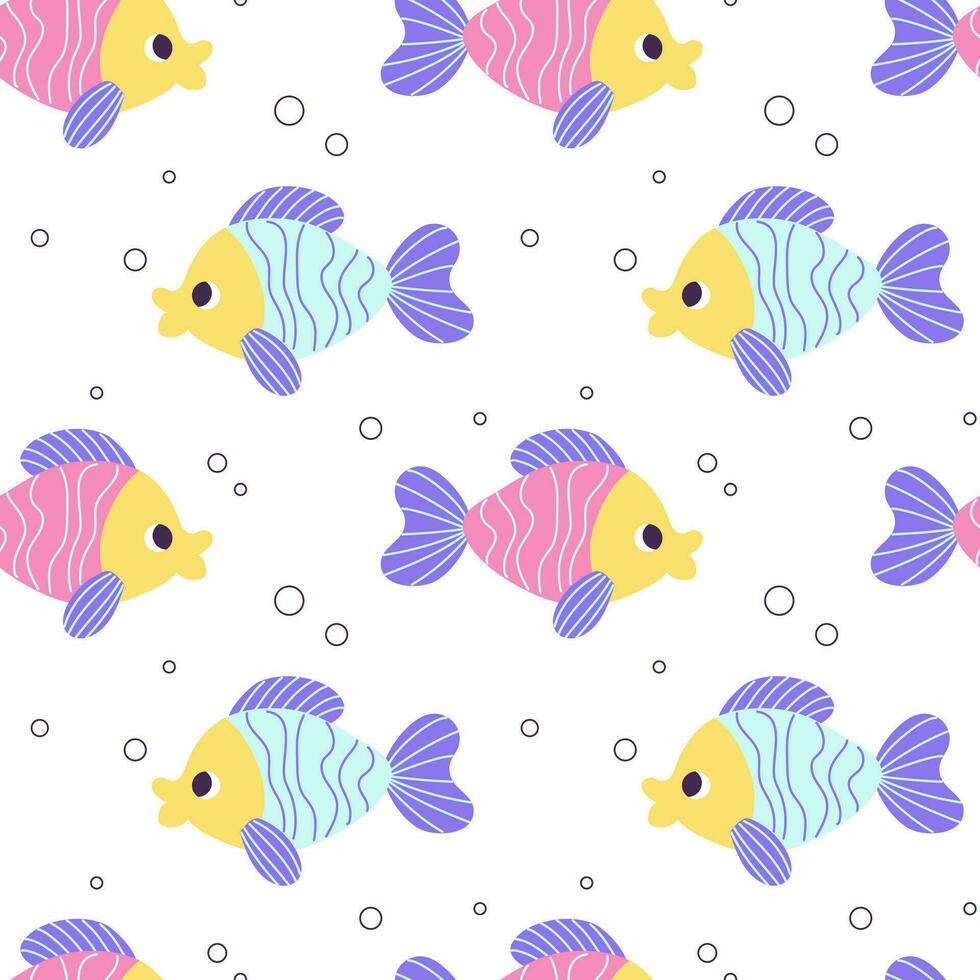 Colorful seamless pattern with blue pink fish and bubbles in flat hand drawn style. For design, textile, background vector