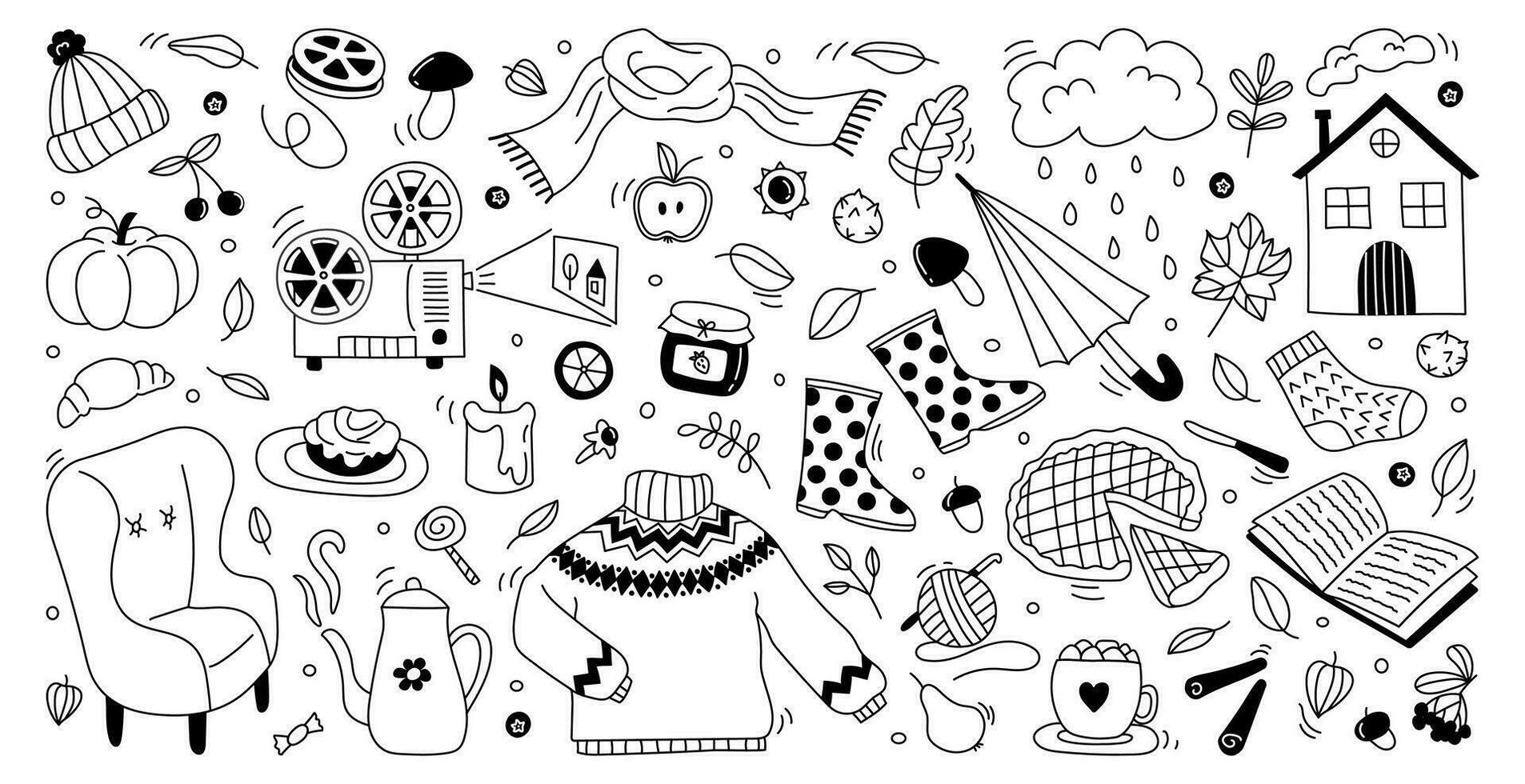 Autumn set hand drawn doodle elements fall leaves, clothes, bakery products, cozy home and other. Perfect for web, card, poster, cover, tag, invitation. Flat vector illustration on white background