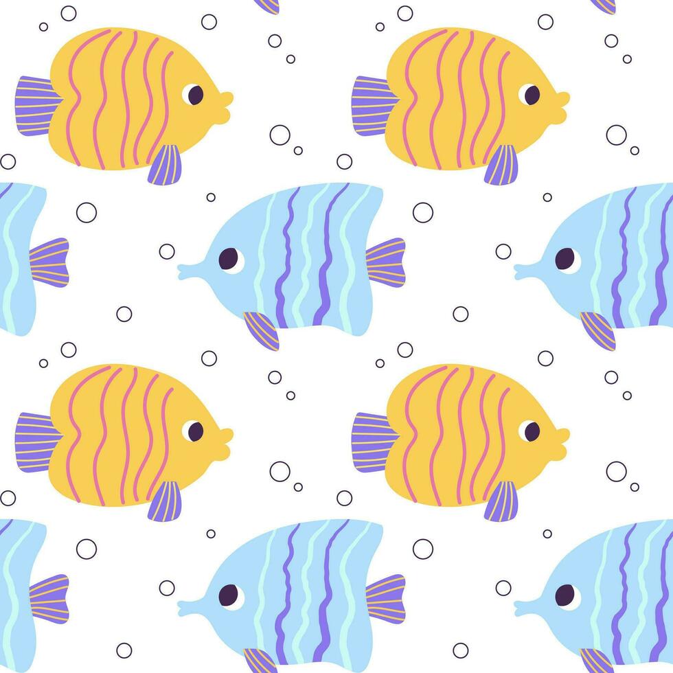 Colorful seamless pattern with ocean yellow blue triangular fish and bubbles in flat hand drawn style. For design, textile, background vector