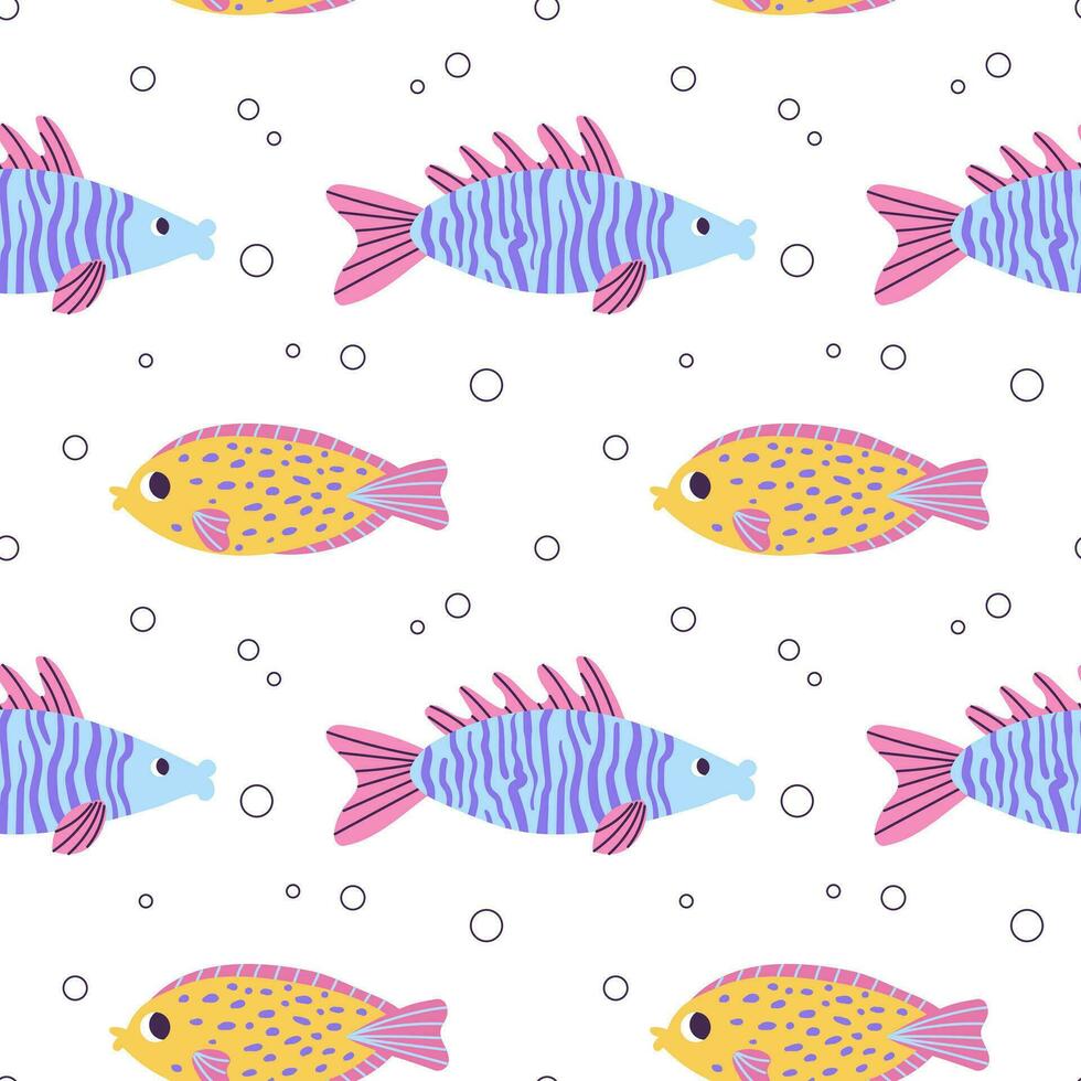Colorful seamless pattern with ocean yellow blue fish and bubbles in flat hand drawn style. For design, textile, background vector