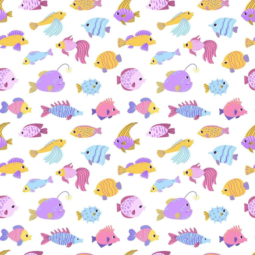 Colorful seamless pattern with different ocean fish in flat hand drawn style. For design, textile, background vector