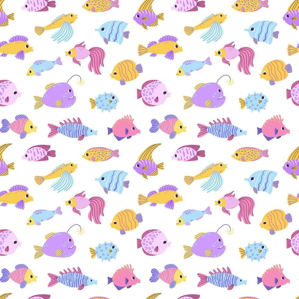 Colorful seamless pattern with different ocean fish in flat hand drawn style. For design, textile, background vector