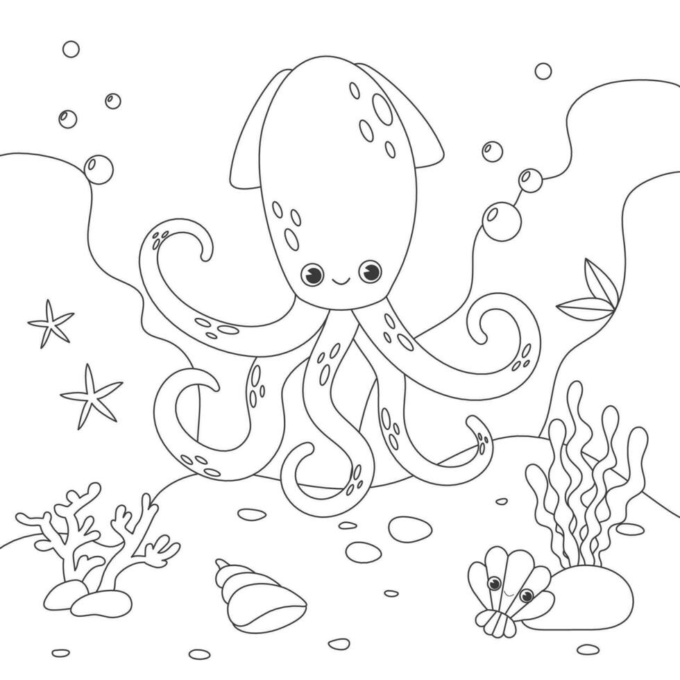 Childrens antistress coloring book with squid, seabed and algae. Vector stock illustration. Outline illustration of underwater life and marine animals. Underwater life of marine animals.