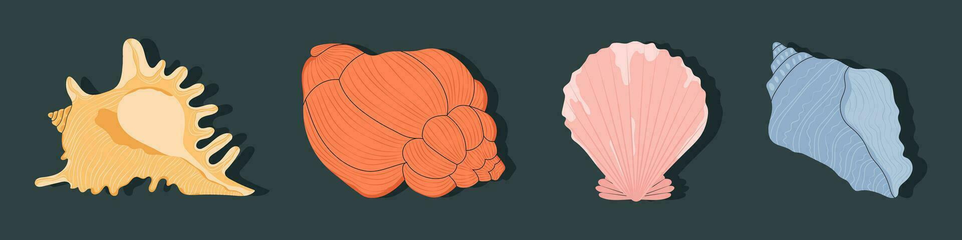 Cartoon corals and seashells, algae underwater elements. Ocean blue natural plants, seashells aquarium set. Shell, laminaria, racy marine vector clipart