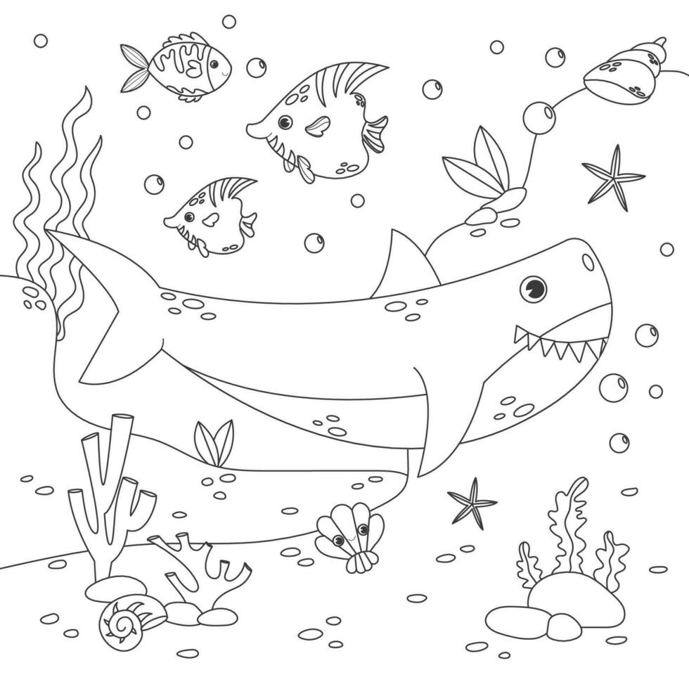 Childrens antistress coloring book with a shark, various fish, seabed and algae. Vector stock illustration. Outline illustration of underwater life and marine animals.