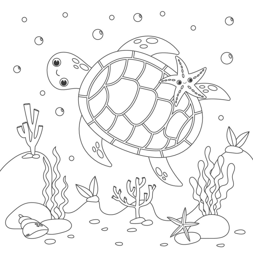 colorante página. pequeño linda mar Tortuga nada submarino con burbujas y sonrisas vector ilustración, colorante libro para niños. garabatear antecedentes. dibujos animados caracteres