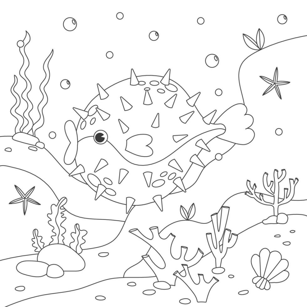 Funny puffer fish cartoon characters. Exotic fish coloring book. Cute animal character for kids design. Black and white illustration perfect for coloring page. Sea world coloring page. vector