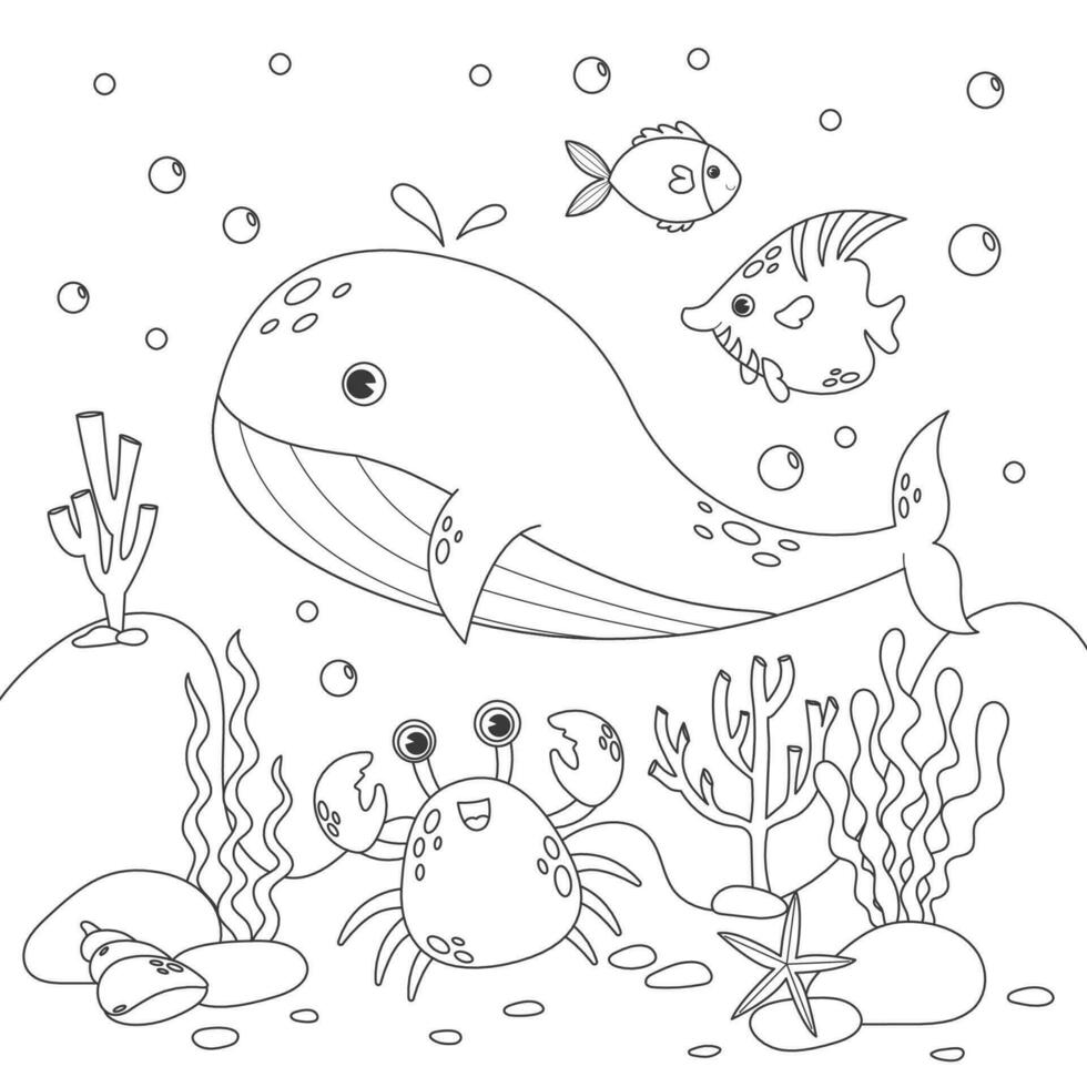 Vector illustration with algae, whale, crab and fish, sea floor. Cute square page coloring book for children. Simple funny kids drawing. Black lines, sketch on a white background.
