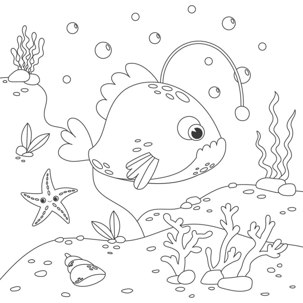 Childrens antistress coloring book with various fish, seabed and algae. Underwater life of angler fish. Vector stock illustration. Outline illustration of underwater life and marine animals.