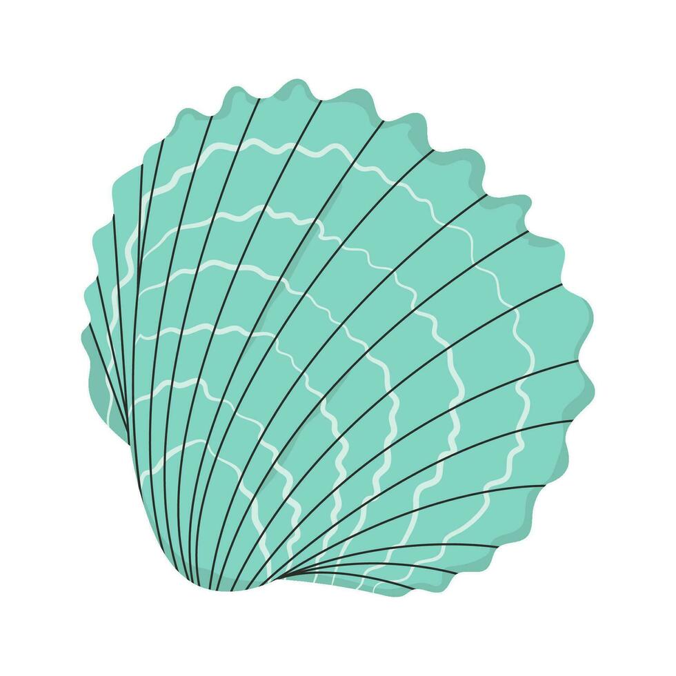 Sea shell, clam. Marine undersea mollusc. Scallop mollusk icon. Ocean underwater seashell. Exotic beach fan-shaped clamshell. Nautical shellfish. Flat vector illustration isolated on white background