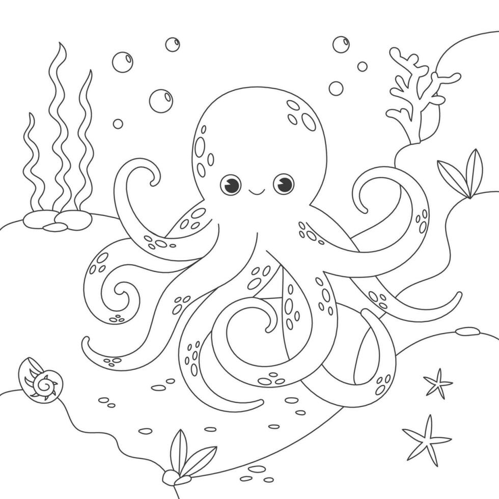 Childrens coloring book with octopus, fish, seabed, seaweed. Simple funny kids drawing. Black lines, sketch on a white background. Vector stock illustration. life. Animals outline. Doodle style.
