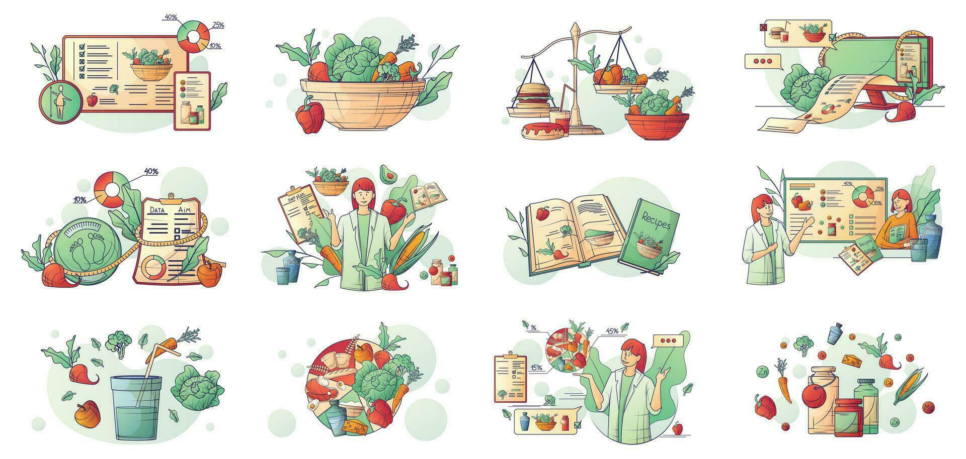 Nutritionist Dietitian Compositions Set vector