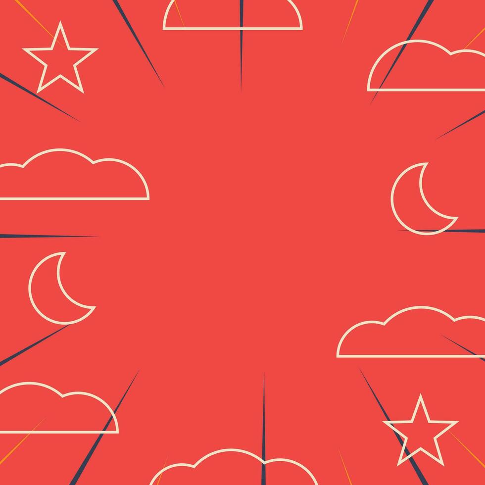 Abstract pattern background in comic style with icons of clouds, moon, stars and sunbeams. Vector for promotion of banners, posters, greeting cards, social media, web, presentations.