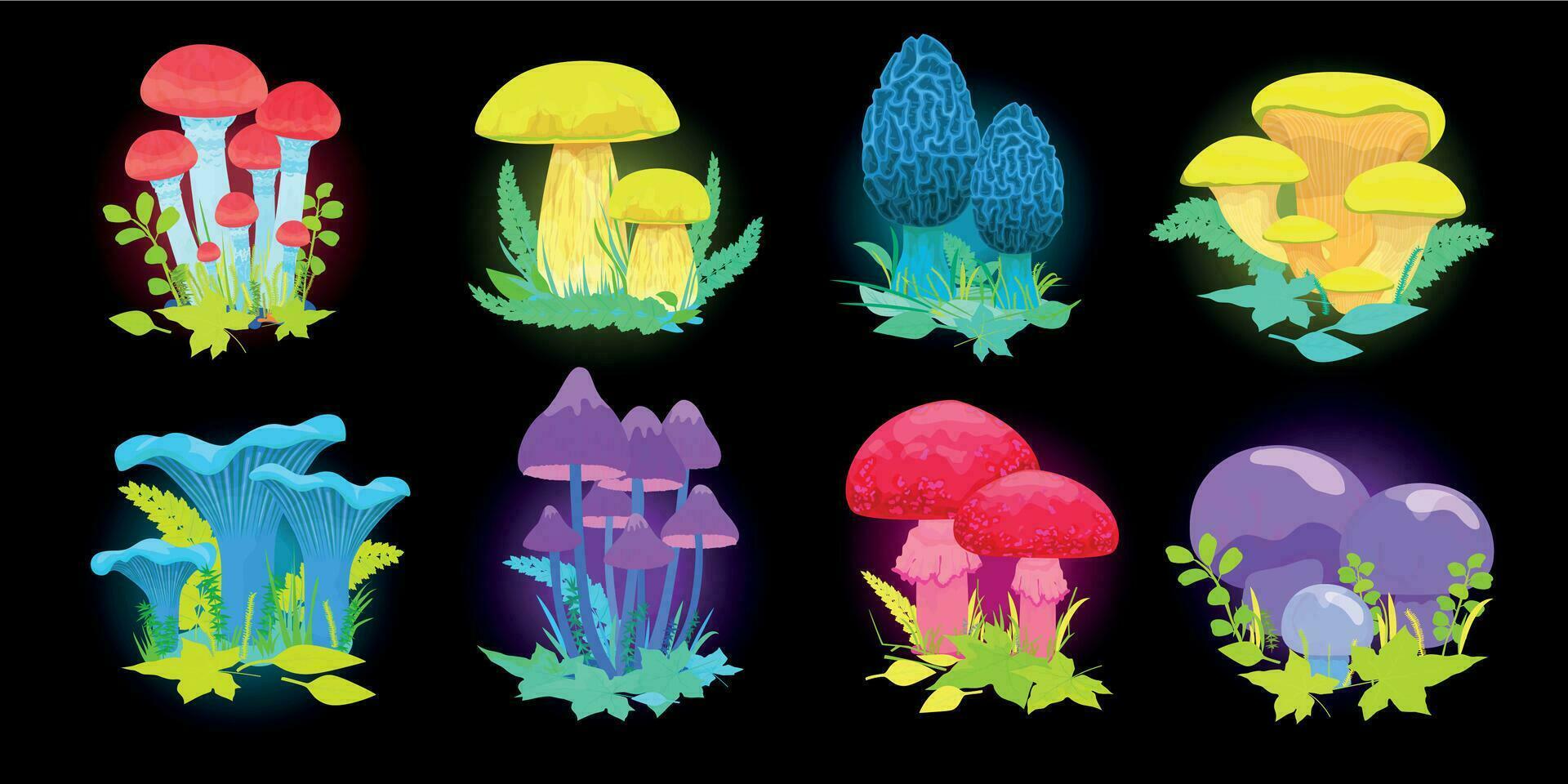 Magic Glowing Mushrooms Set vector
