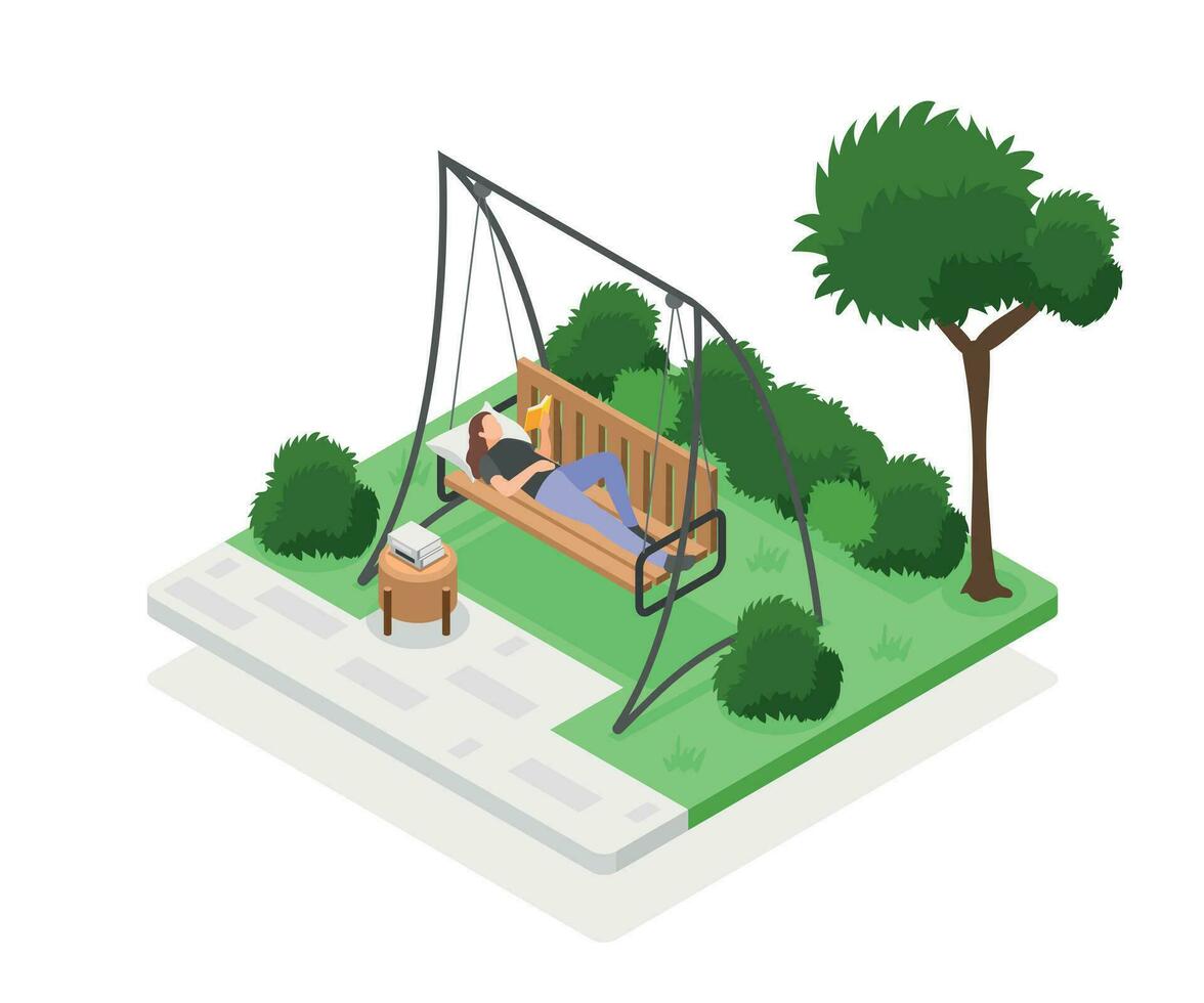 Isometric Woman On Swing vector