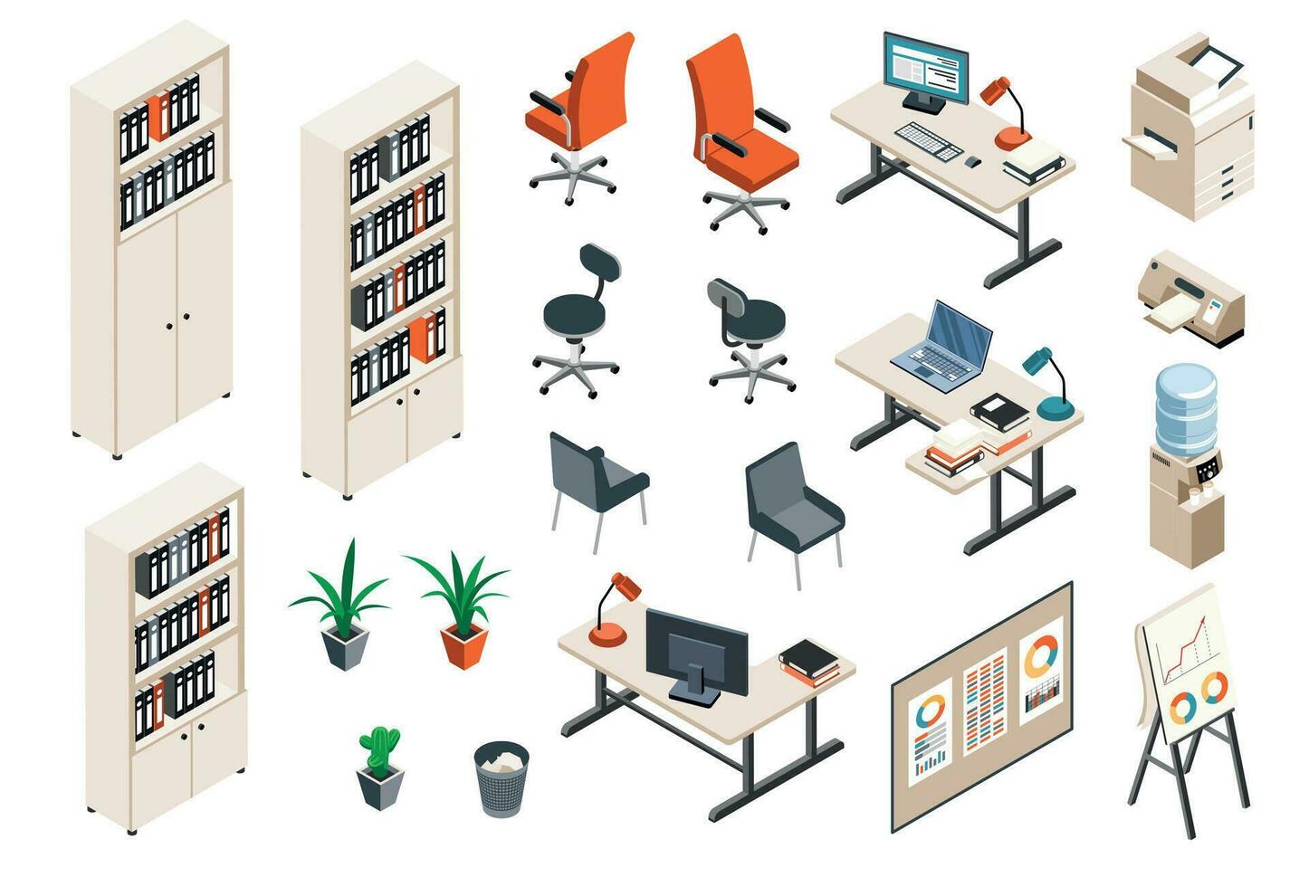 Office Interior Items Isometric Set vector
