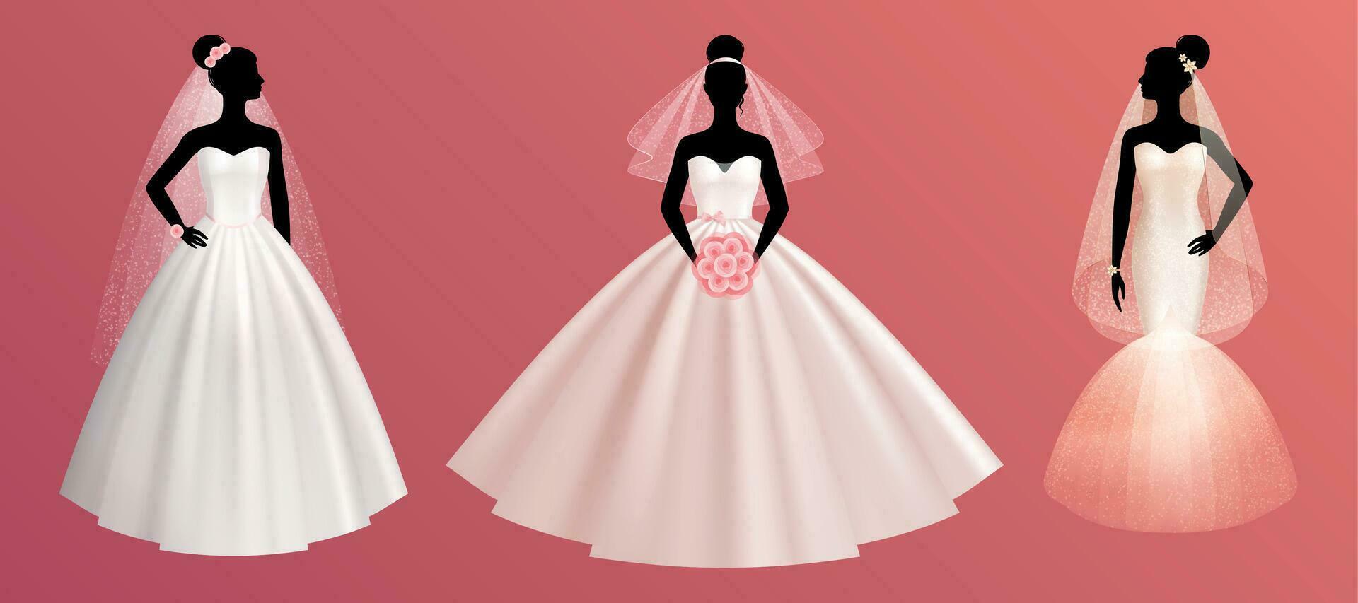 Bride Wedding Dress Realistic Colored Icon Set vector