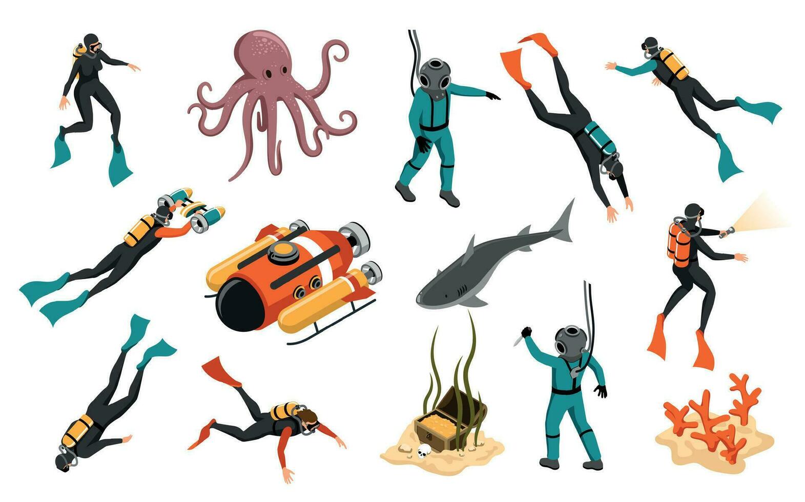 Diving Isometric Icons Set vector