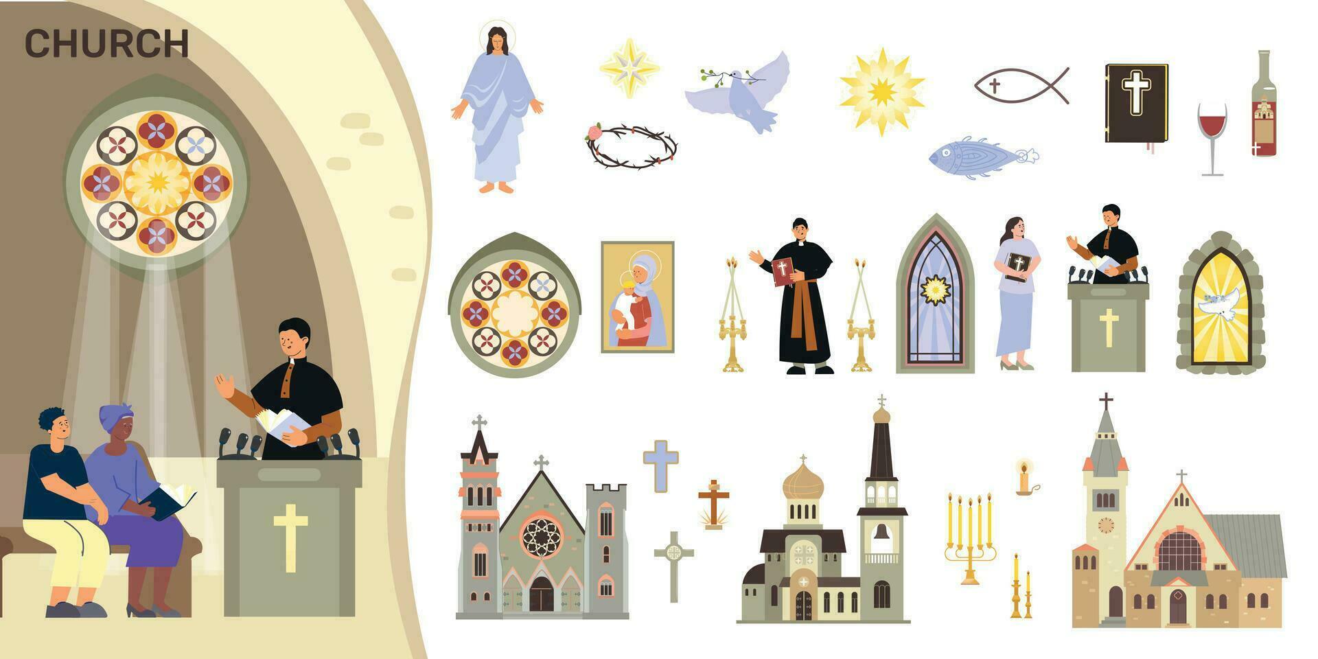 Iglesia interior icono conjunto vector