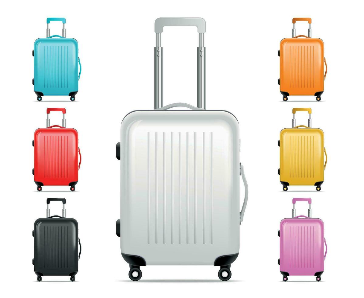 realista viaje equipaje icono conjunto vector