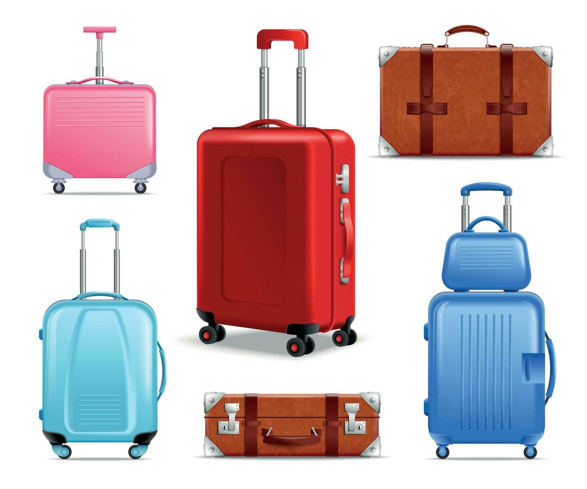 realista viaje equipaje icono conjunto vector