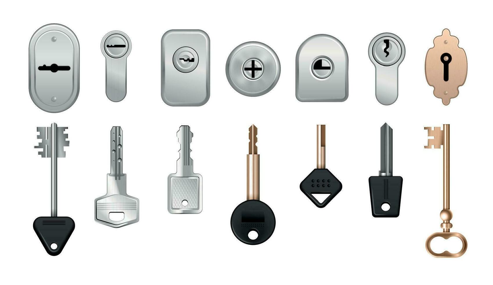 Realistic Keys Keyholes Door Locks Icon Set vector