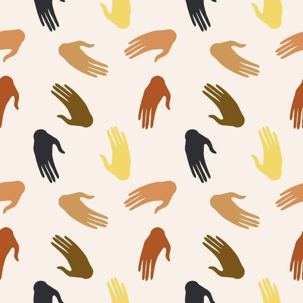 Different color hands seamless pattern background. Vector boho illustration of multinational hands, racial equality different cultures, peoples, harmony of coexistence, community, friendship, party