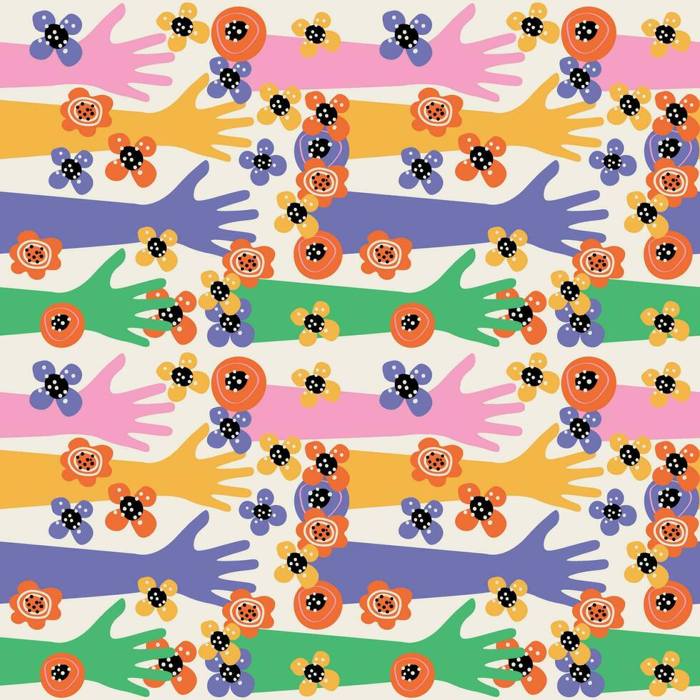 Different color hands seamless pattern background. Vector illustration of multinational hands, racial equality different cultures, peoples, harmony of coexistence, community, friendship, party, peace