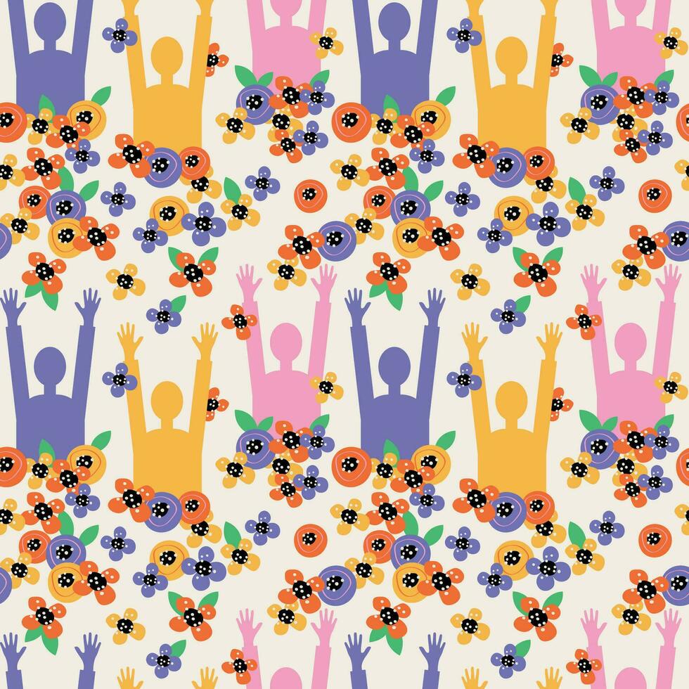 Different color people and hands with flowers seamless pattern background. Vector backdrop illustration multinational joyful hands, different cultures, peoples, friendship, party, peace, festive fond