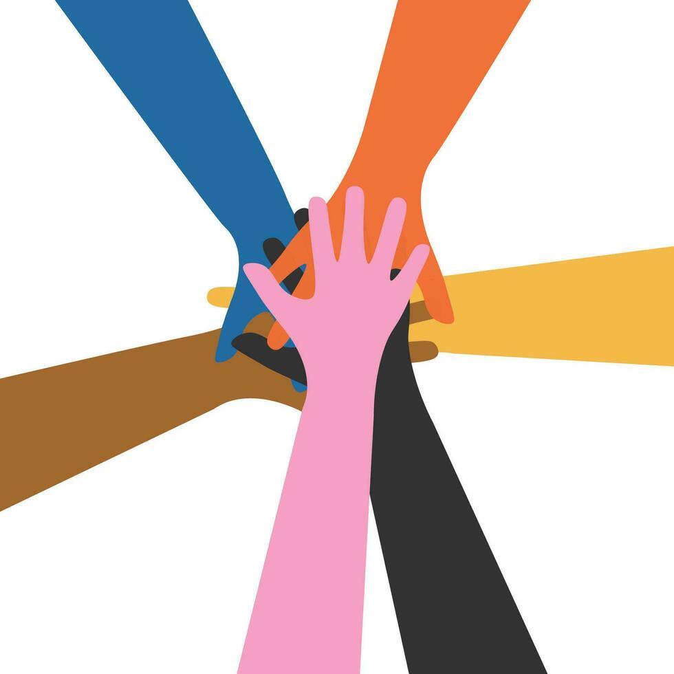 Different colors of hands shaking hands. Vector background illustration of united multi ethnic hands, racial equality of different cultures, peoples, coexistence harmony, community, friendship, peace