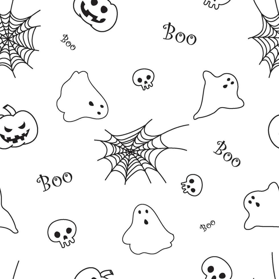 Happy Halloween seamless pattern with black spider web, ghost, scull and pumpkins. vector