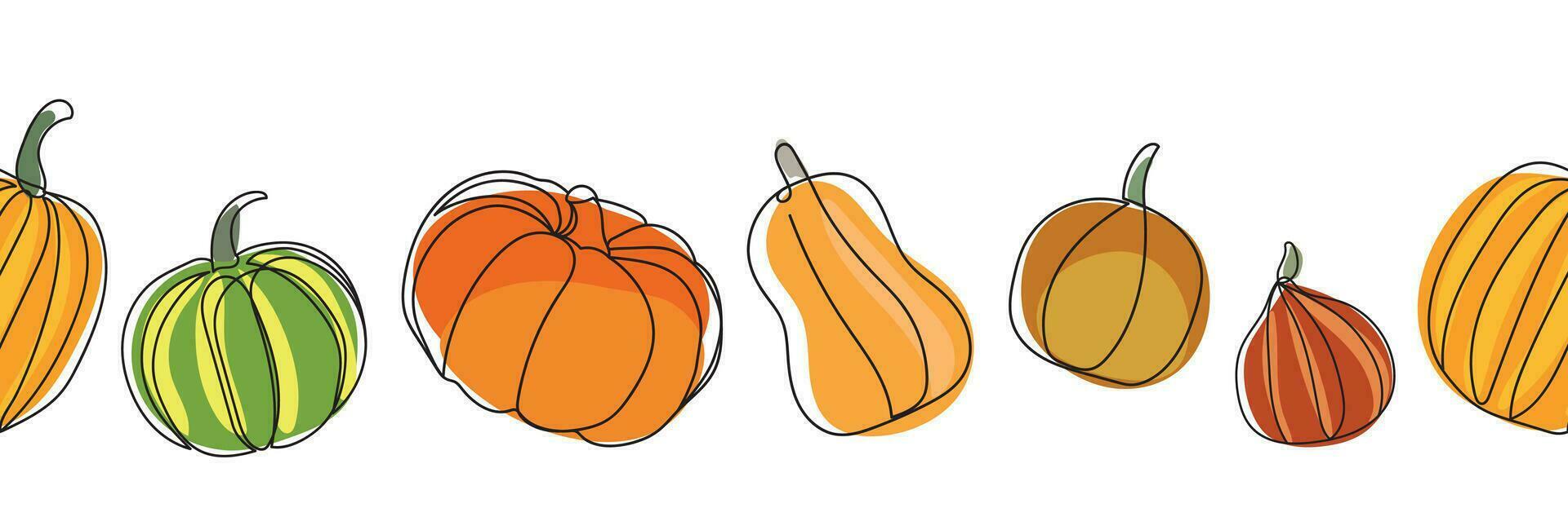 calabazas sin costura borde. continuo línea dibujo calabazas otoño calabaza línea Arte colocar. diferente tipos de calabazas sin costura modelo. minimalista Arte vector