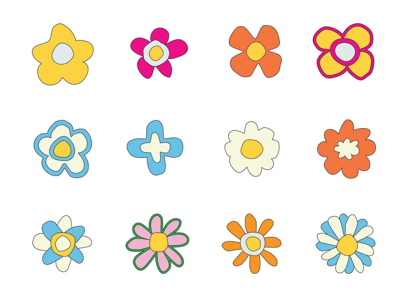 Colorful flowers flat simple hand drawn on white background. Vector illustration