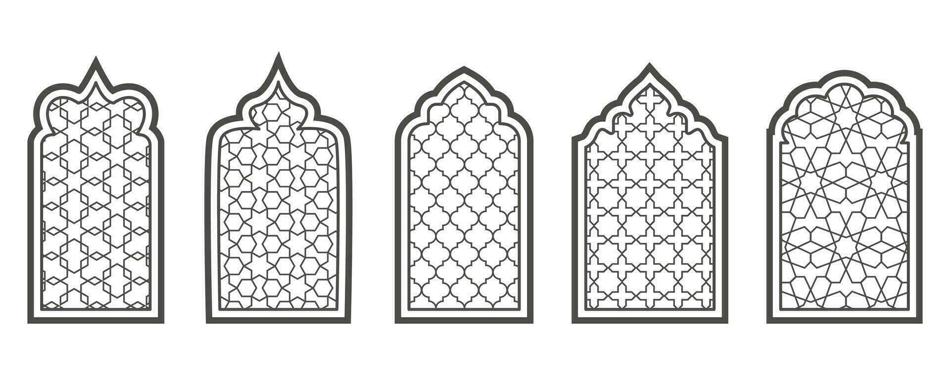 Ramadan window with pattern. Arabic frame of mosque door. Islamic design template. Vector oriental decoration with ornament.