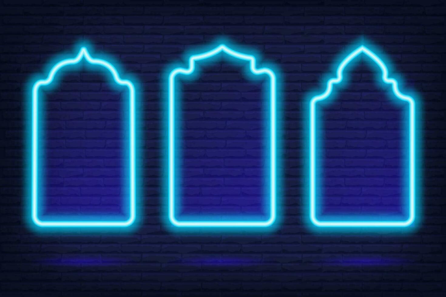 Ramadan islamic frame. Vector neon arch shape on dark background. Muslim door and window. Arabian bright template set.
