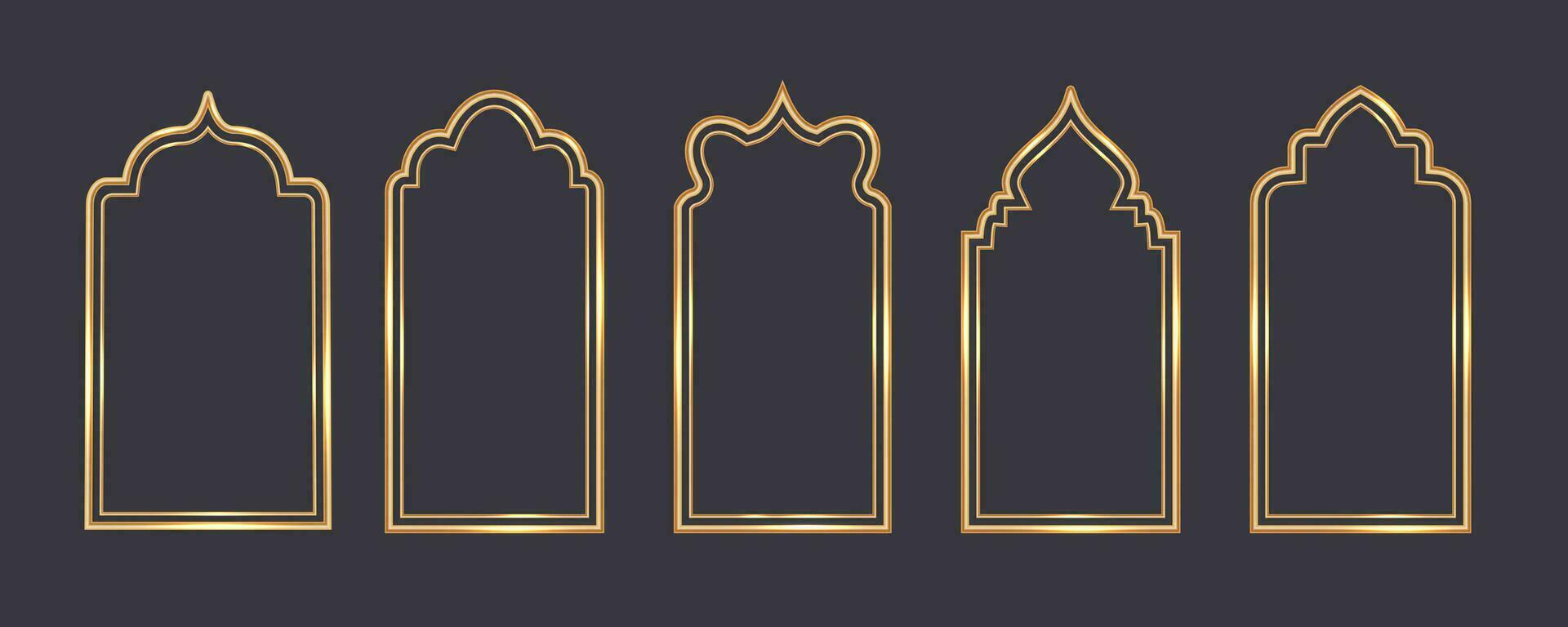 Ramadan window frame shapes. Islamic golden arches. Muslim mosque elements of architecture with ornament. Turkish gates and doors set. Vector