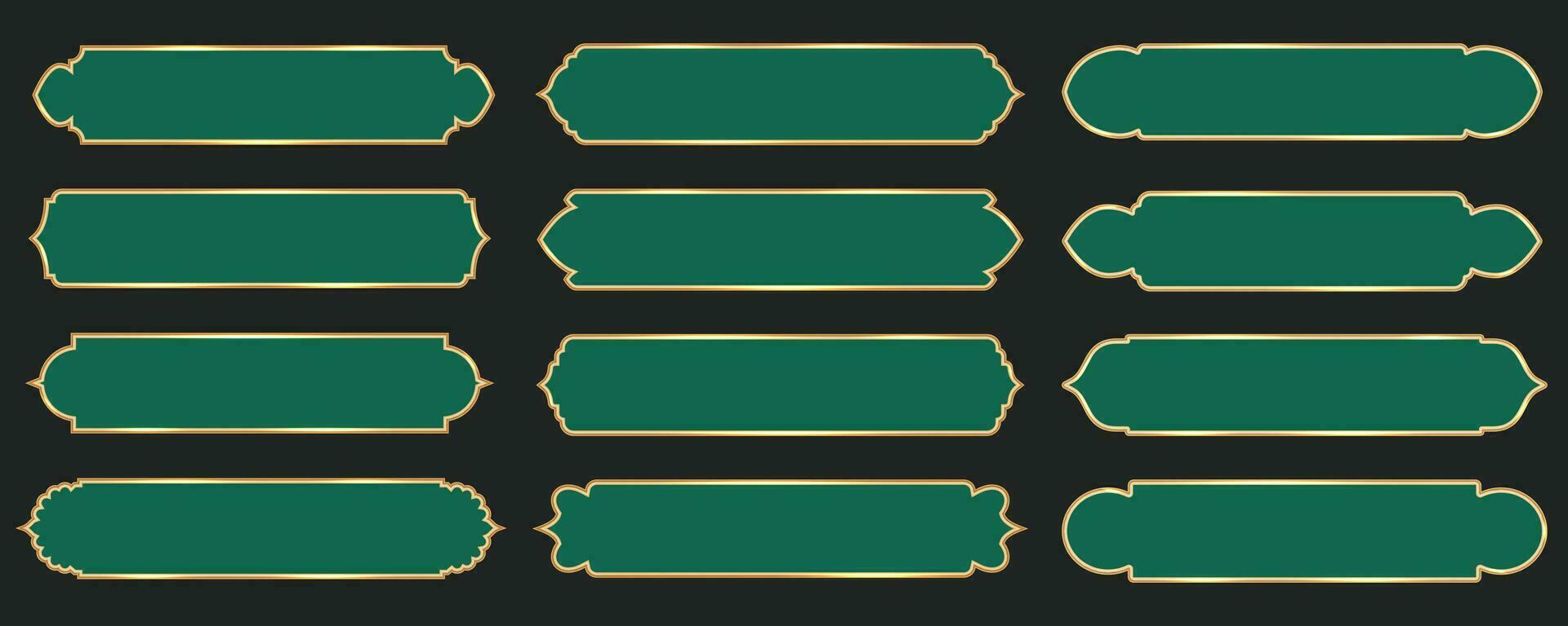 Ramadan window frame shapes. Islamic golden ribbons for text. Muslim mosque panel elements with ornament. Turkish tags set. Vector