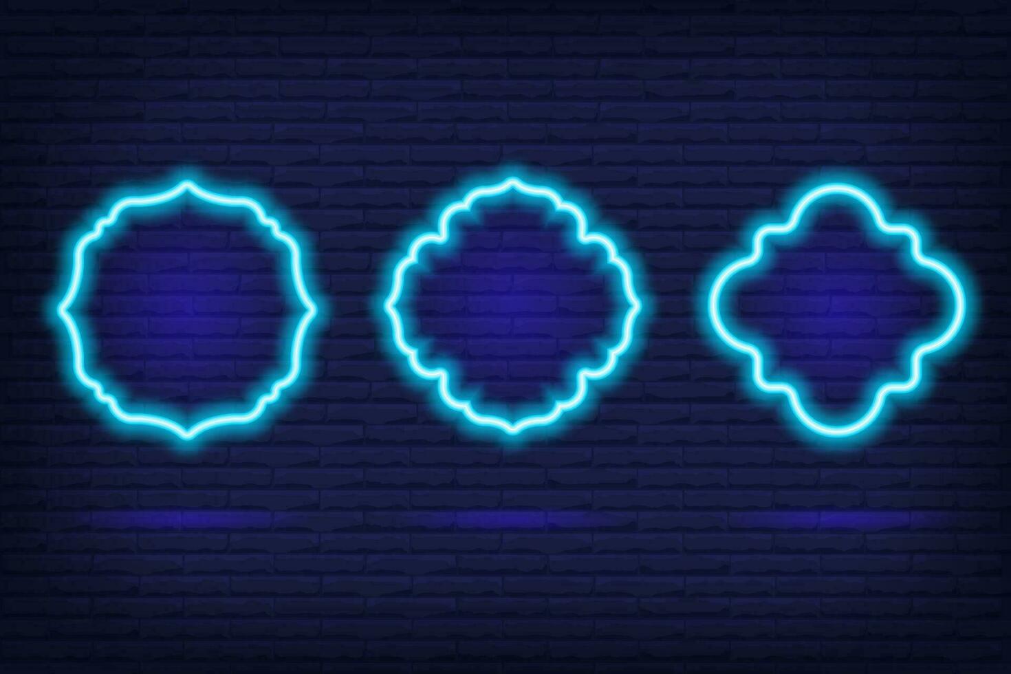 Ramadan islamic frame. Vector neon arch shape on dark background. Muslim door and window. Arabian bright template set.