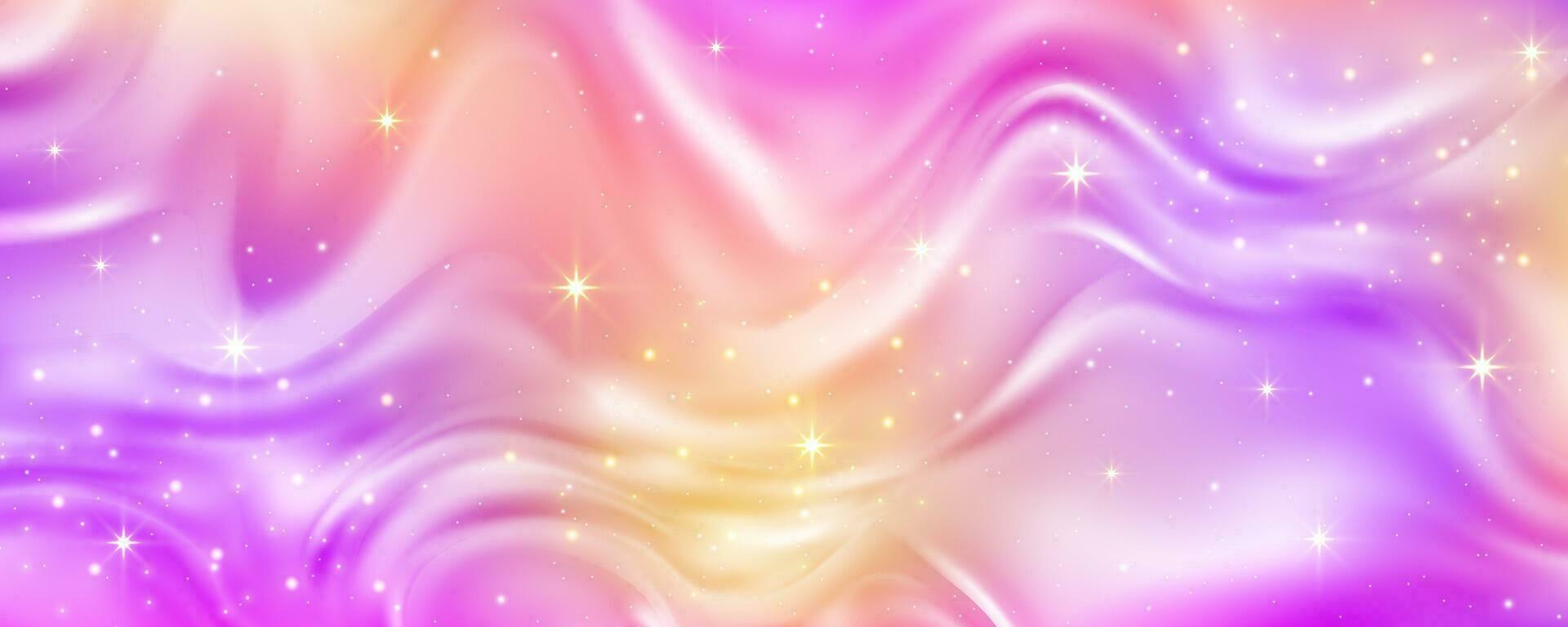 Abstract fluid background. Purple and pink neon colors gradient with stars and sparkles Wavy textured liquid design. Vector illustration