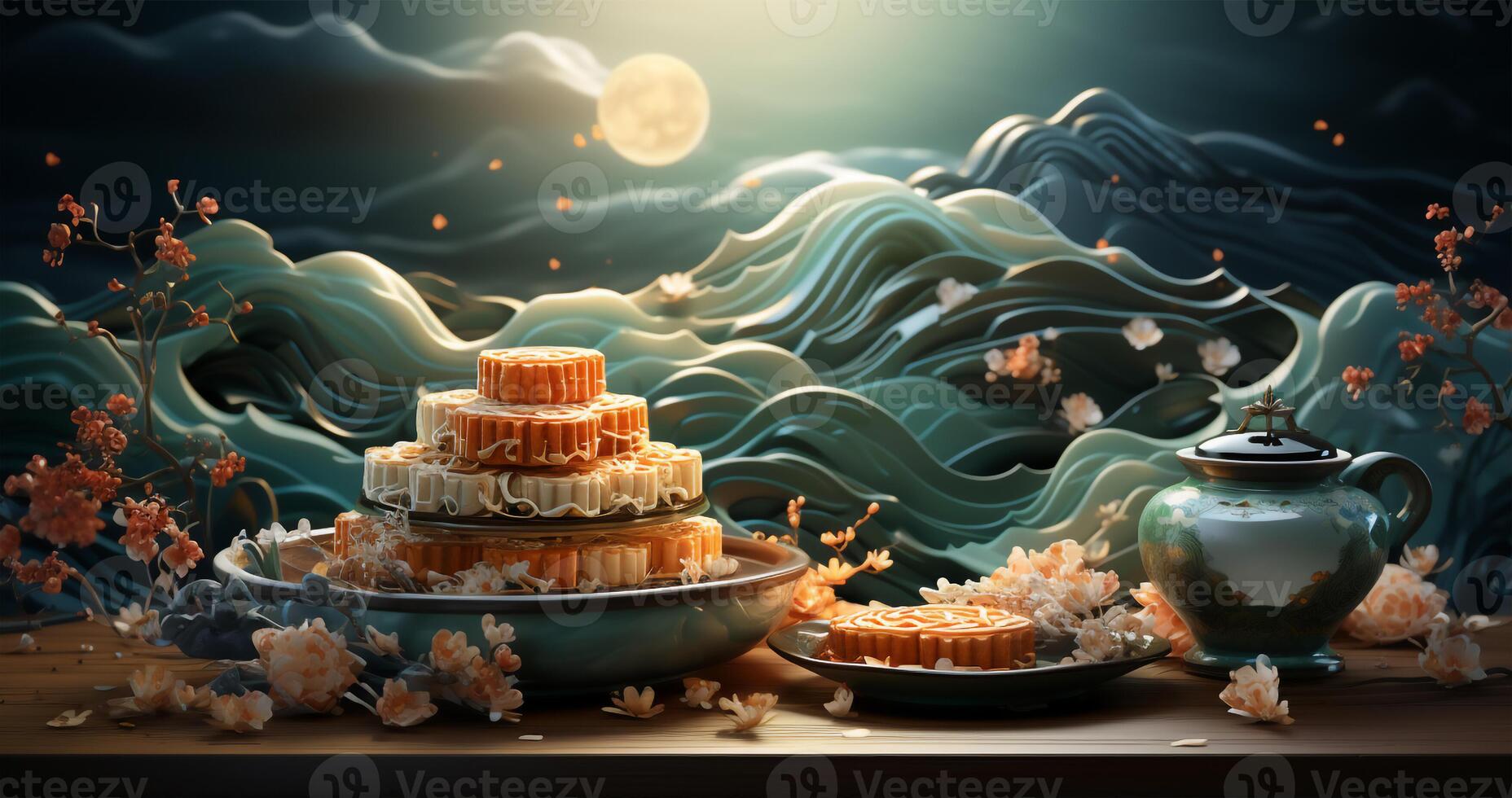 Mid Autumn Festival,Moon cake and tea with flower gold elements decoration setting on table with blurry paper cut sea wave background,Chinese traditional pastry with tea cups on wooden, photo